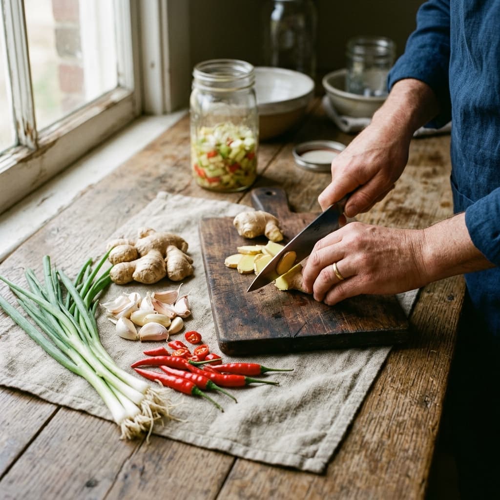 Hands chopping ginger beside spring onions, garlic and chillies on a linen-covered farmhouse table